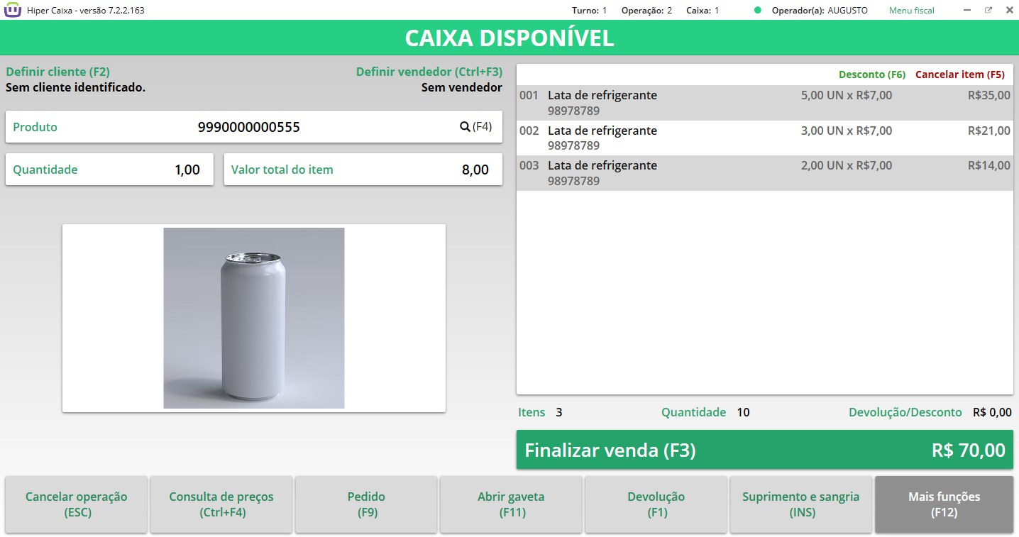 Tela do Hiper Caixa, frente de caixa do Sistema Hiper